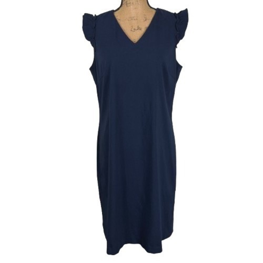 J.McLaughlin Joselyn Shift Dress Navy Blue Ruffle Sleeve Ponte Knit Size 12